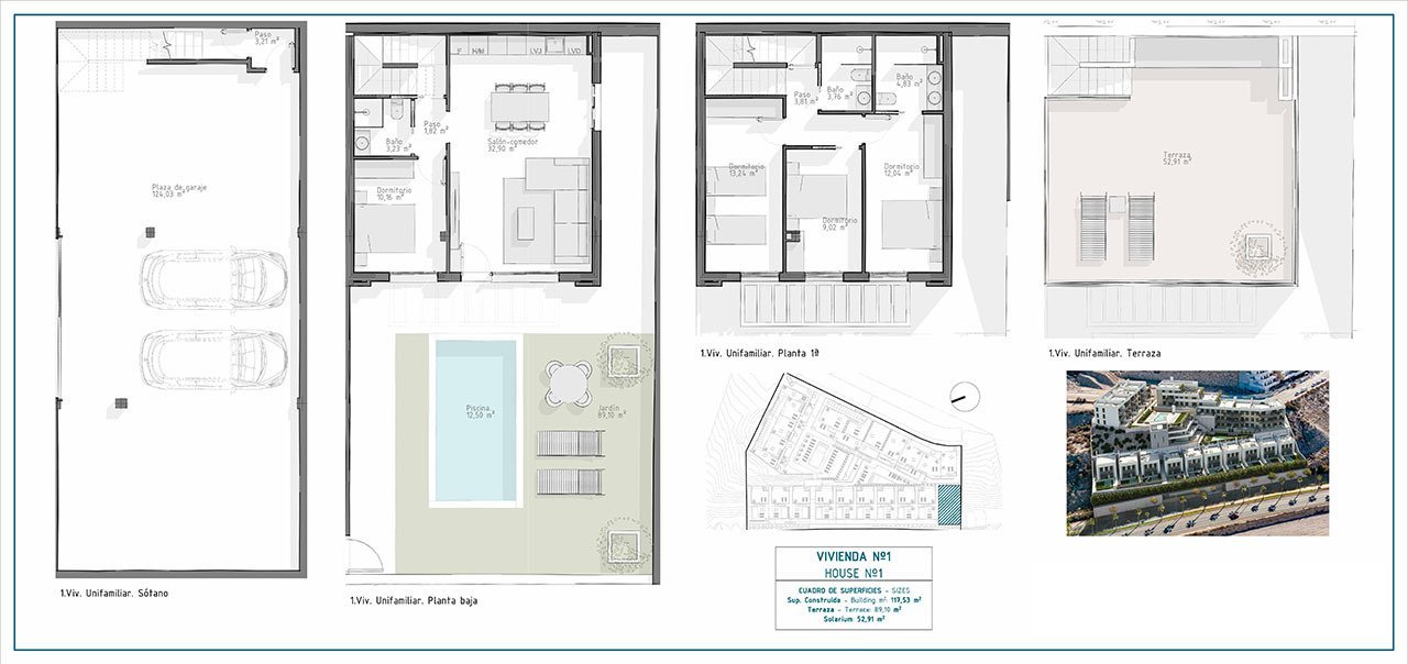 Villen mit 4 Schlafzimmern, 3 Bädern, Dachterrasse mit Meerblick, Tiefgaragenstellplatz und Gemeinschaftspool nur ca. 700 m vom Strand