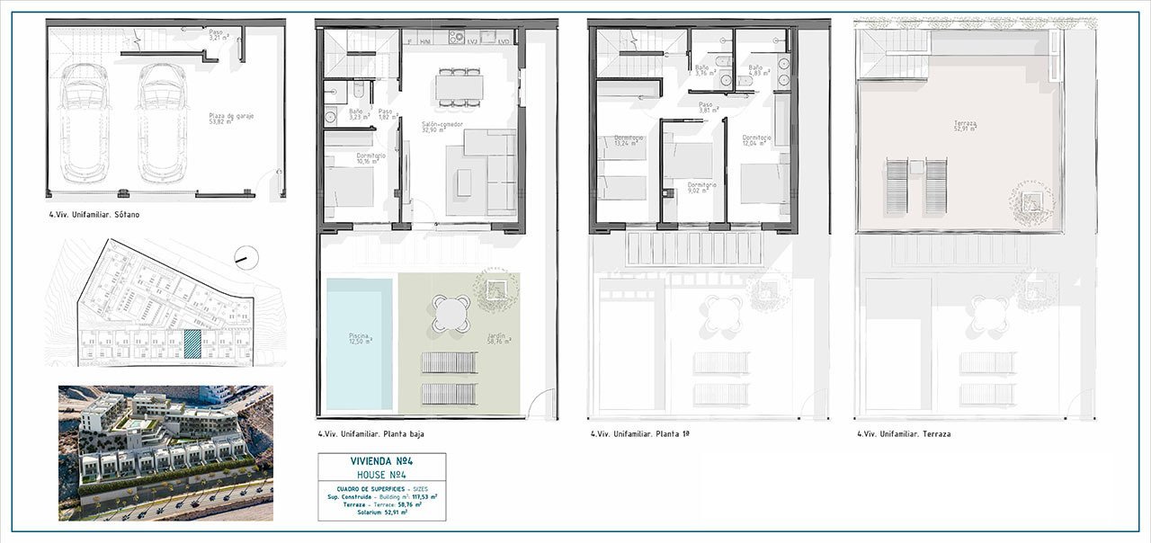 Villen mit 4 Schlafzimmern, 3 Bädern, Dachterrasse mit Meerblick, Tiefgaragenstellplatz und Gemeinschaftspool nur ca. 700 m vom Strand