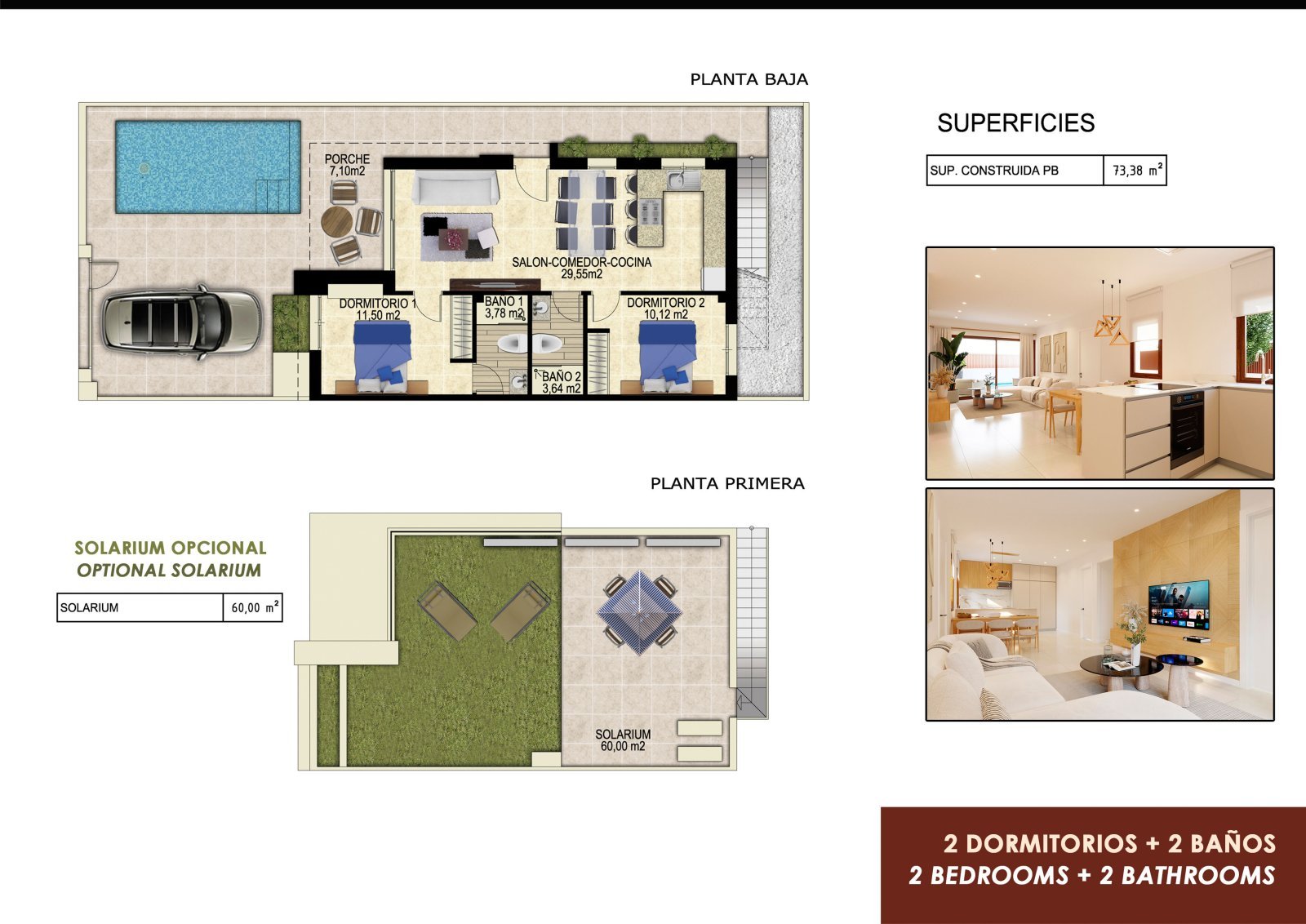 Doppelhaushälfte mit 2 Schlafzimmern, 2 Bädern, Einbauküchen mit Elektrogeräten, Kfz-Stellplatz und Privatpool in einer Golfanlage