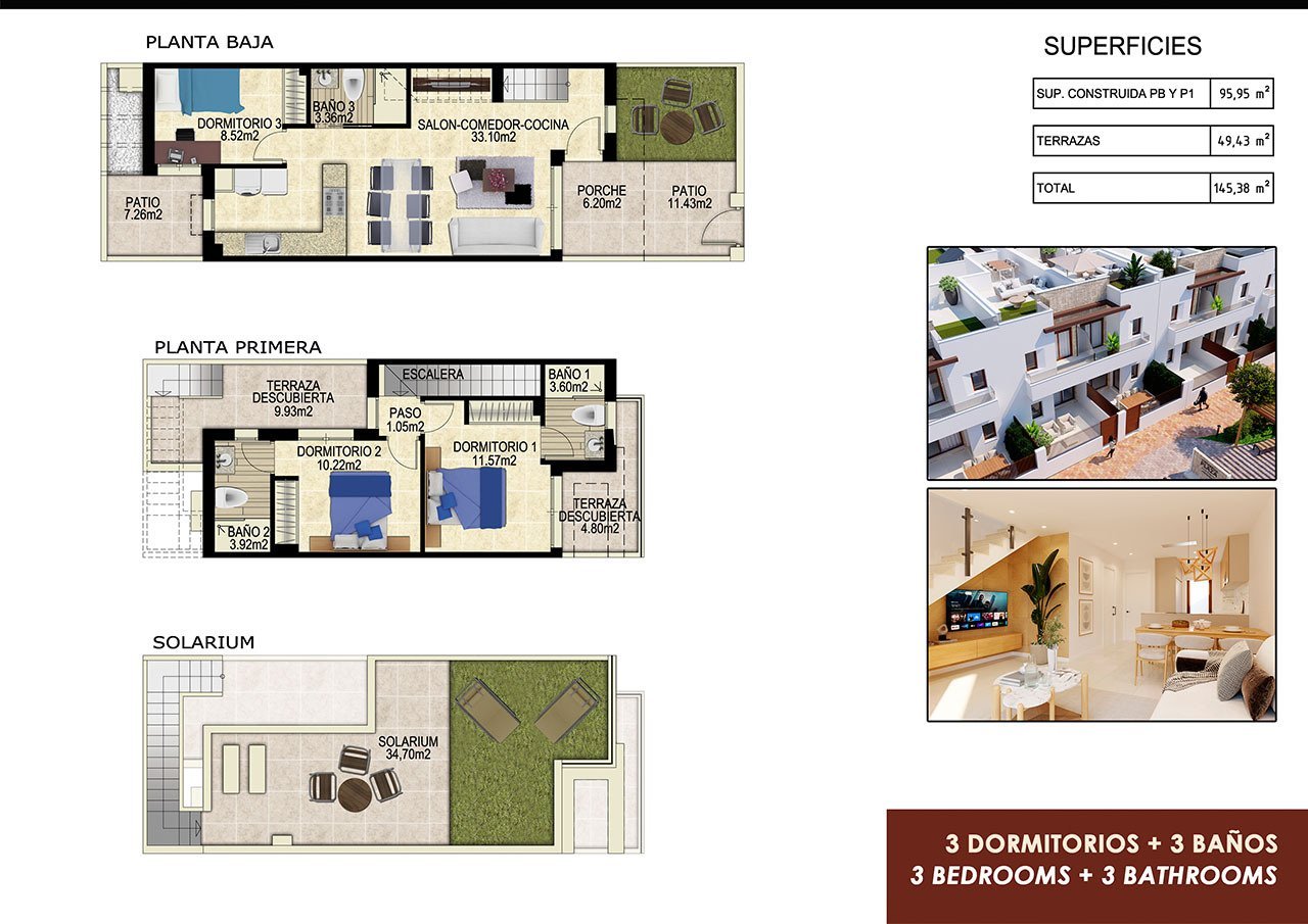 Reihenhäuser mit 3 Schlafzimmern, 3 Bädern, Dachterrasse, Einbauküchen mit Elektrogeräten, Kfz-Stellplatz und Gemeinschaftspool in einer Golfanlage