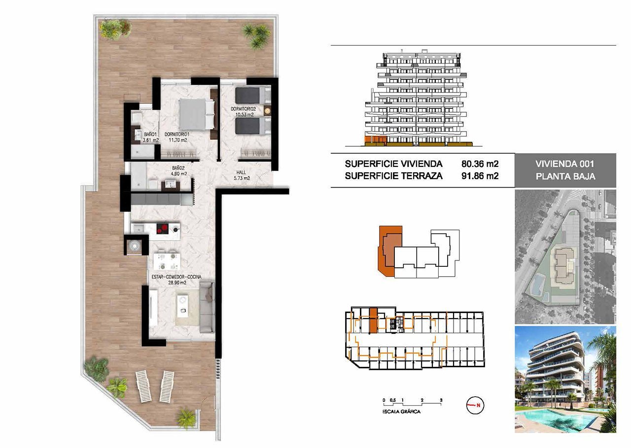 Appartements mit 2 Schlafzimmern, 2 Bädern, Tiefgaragenstellplatz, Gemeinschaftspool und schönem Ausblick nur 1.200 m vom Jachthafen und Strand