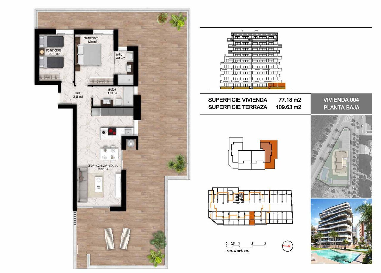 Appartements mit 2 Schlafzimmern, 2 Bädern, Tiefgaragenstellplatz, Gemeinschaftspool und schönem Ausblick nur 1.200 m vom Jachthafen und Strand