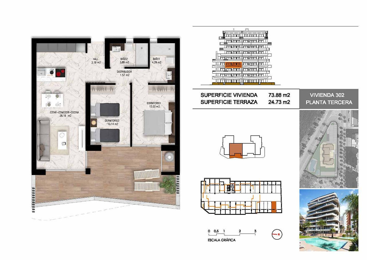 Appartements mit 2 Schlafzimmern, 2 Bädern, Tiefgaragenstellplatz, Gemeinschaftspool und schönem Ausblick nur 1.200 m vom Jachthafen und Strand