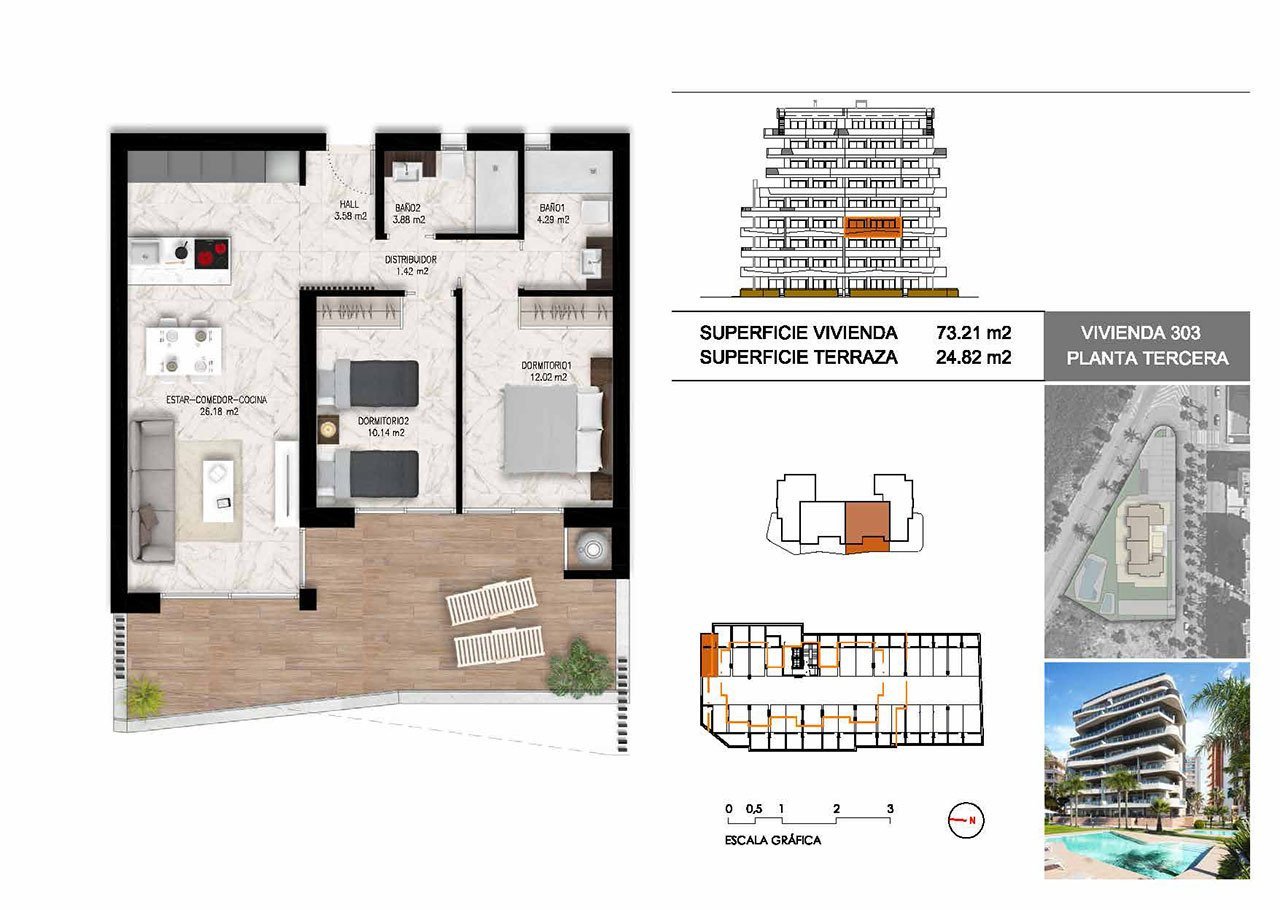 Appartements mit 2 Schlafzimmern, 2 Bädern, Tiefgaragenstellplatz, Gemeinschaftspool und schönem Ausblick nur 1.200 m vom Jachthafen und Strand