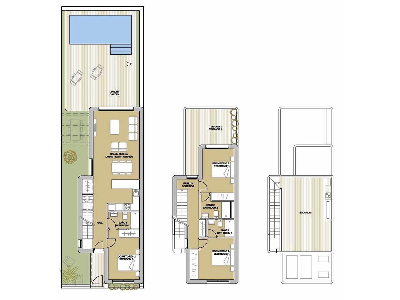 Wunderschöne Villen mit 3 Schlafzimmern, 3 Bädern, Dachterrasse, Fußbodenheizung in Bädern und Privatpool nur 1 km vom Strand