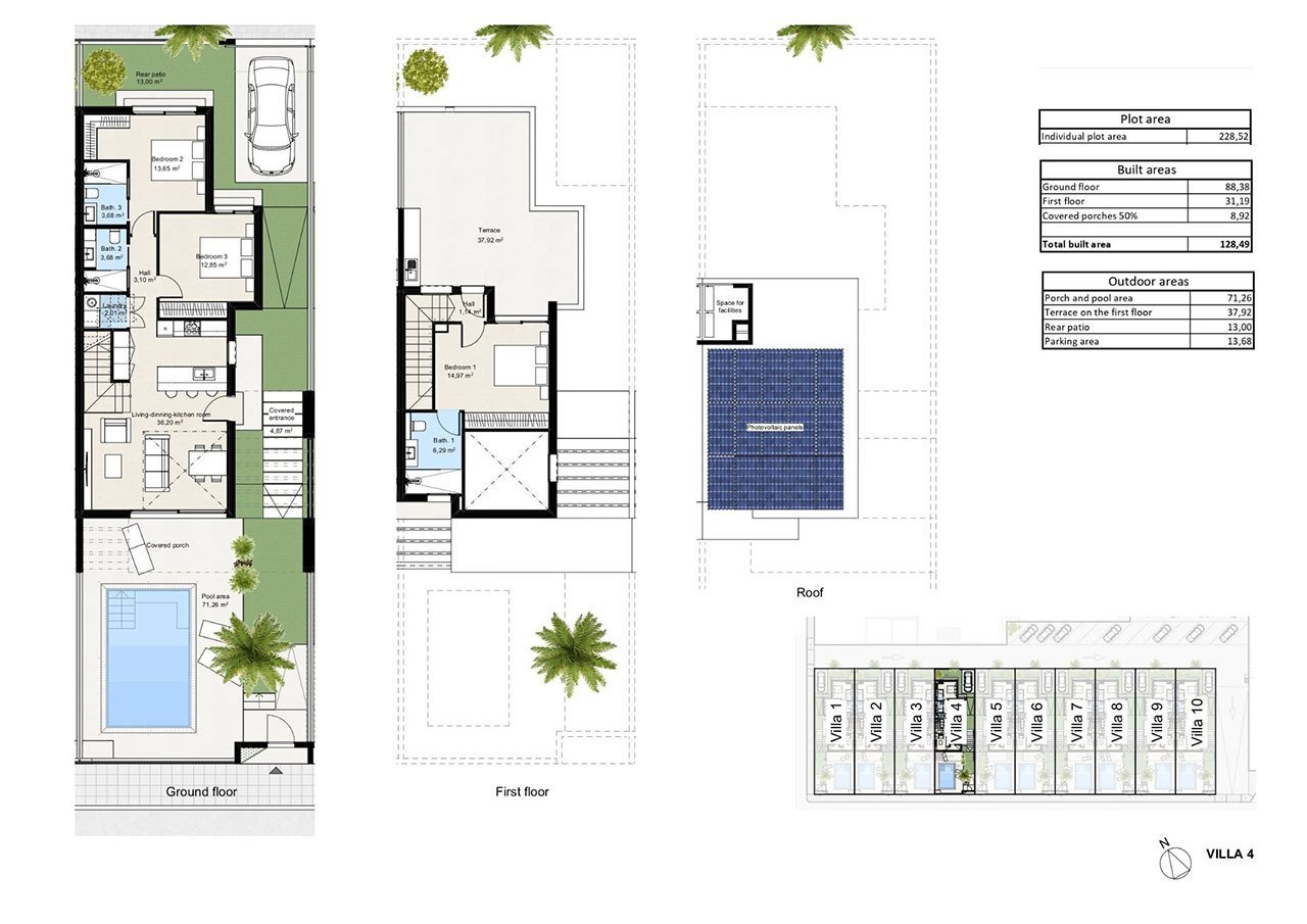 Doppelhaus-Villen mit 3 Schlafzimmern, 3 Bädern, Dachterrasse, Vorinstallation Klimaanlage und Privatpool nur 100 m vom Strand