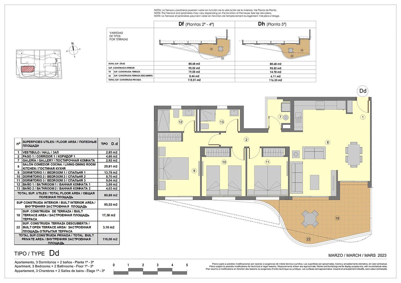 Appartements mit 3 Schlafzimmern, 2 Bädern, Klimaanlage, Fußbodenheizung in Bädern, Tiefgaragen-Stellplatz und Meerblick nur 300 m vom Strand