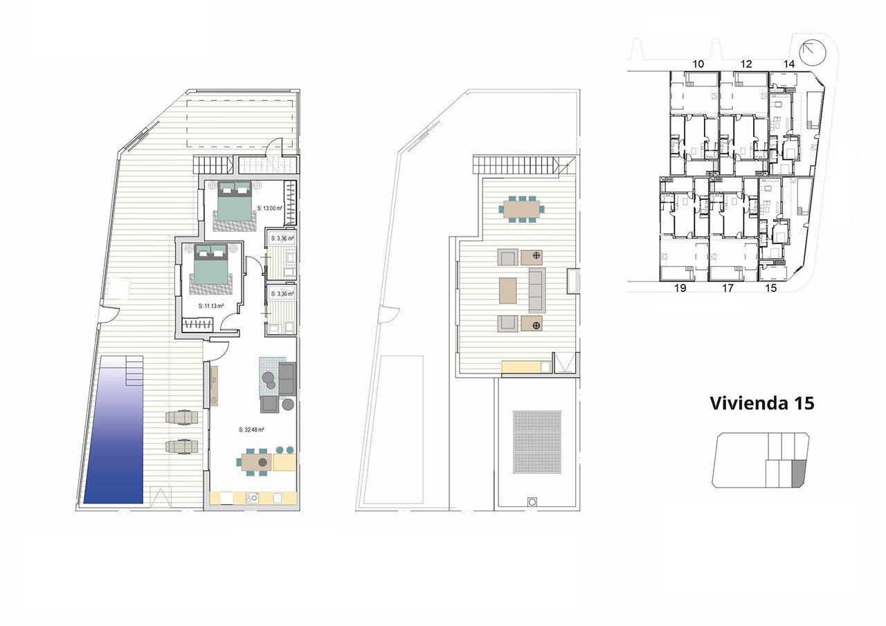Reihenhaus-Villen mit 2 Schlafzimmern, 2 Bädern, Dachterrasse, Privatpool und Kfz-Stellplatz