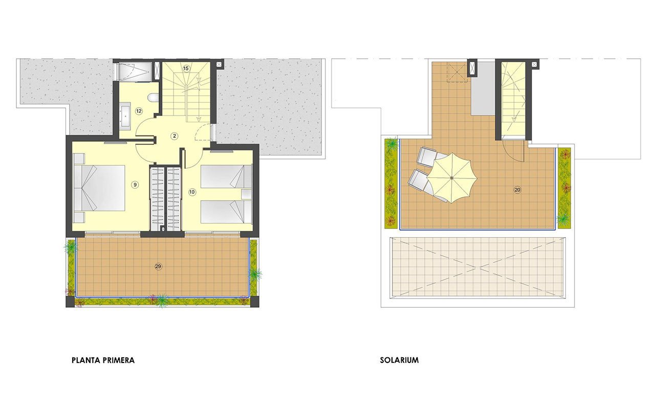 Doppelhaushälften mit 3 Schlafzimmern, 2 Bädern, Keller, Dachterrasse mit Meerblick und optionalem Privatpool nur 400 m vom Strand