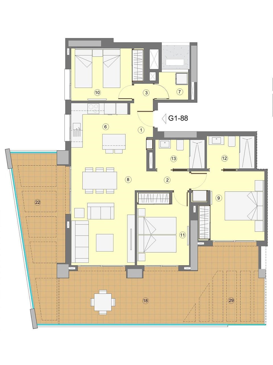 Wohnungen mit 3 Schlafzimmern, 2 Bädern, Klimaanlage, Fußbodenheizung in Bädern, Kfz-Stellplatz und Meerblick nur 1 km vom Strand
