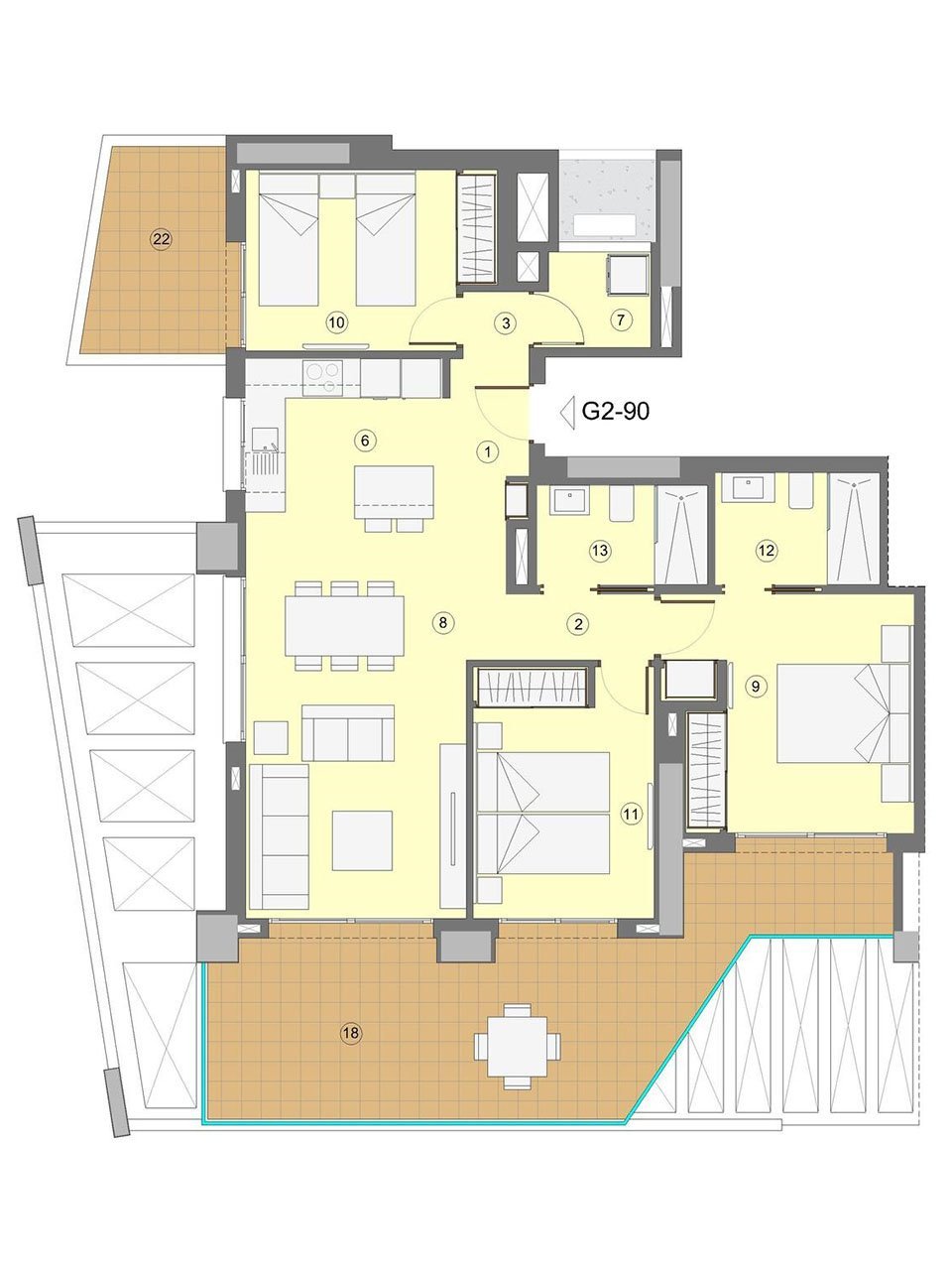 Wohnungen mit 3 Schlafzimmern, 2 Bädern, Klimaanlage, Fußbodenheizung in Bädern, Kfz-Stellplatz und Meerblick nur 1 km vom Strand