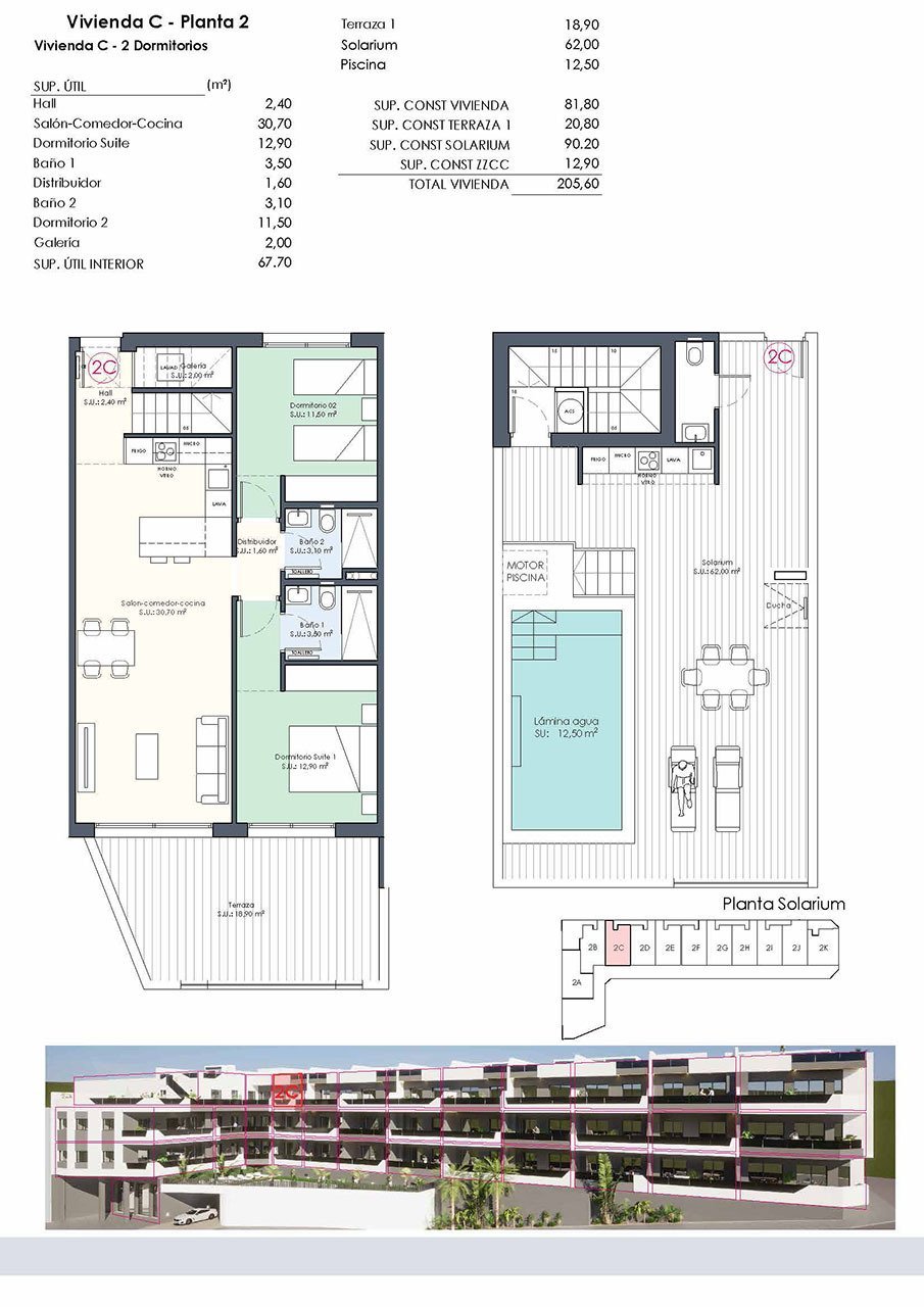 Penthouse-Wohnungen mit 2 Schlafzimmern, 2 Bädern, Dachterrasse, WC, Privatpool und Einbauküchen mit Elektrogeräten