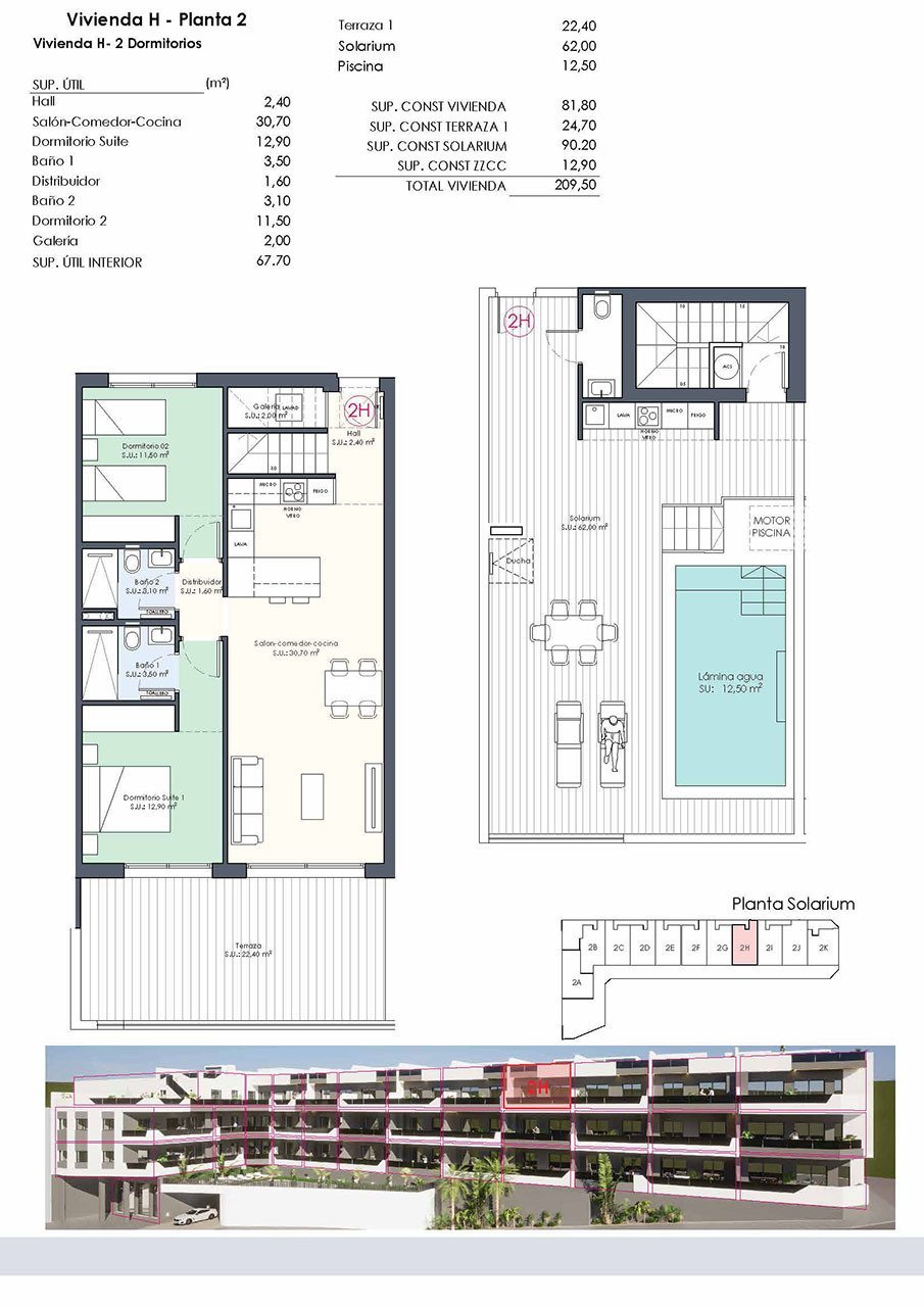 Penthouse-Wohnungen mit 2 Schlafzimmern, 2 Bädern, Dachterrasse, WC, Privatpool und Einbauküchen mit Elektrogeräten