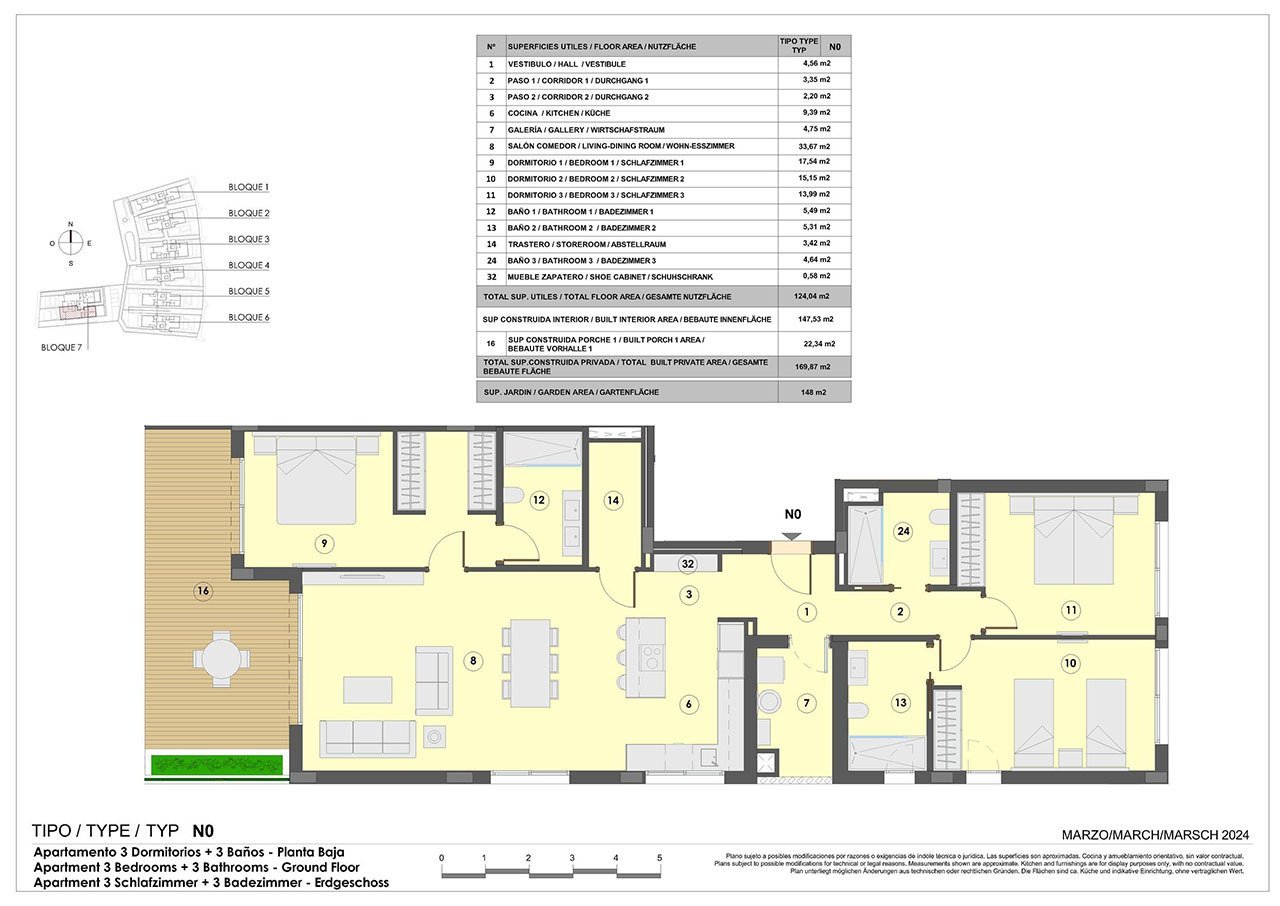 Appartements mit 3 Schlafzimmern, 3 Bädern, Fußbodenheizung in Bädern, Klimaanlage und Gemeinschaftspool nur 300 m vom Strand