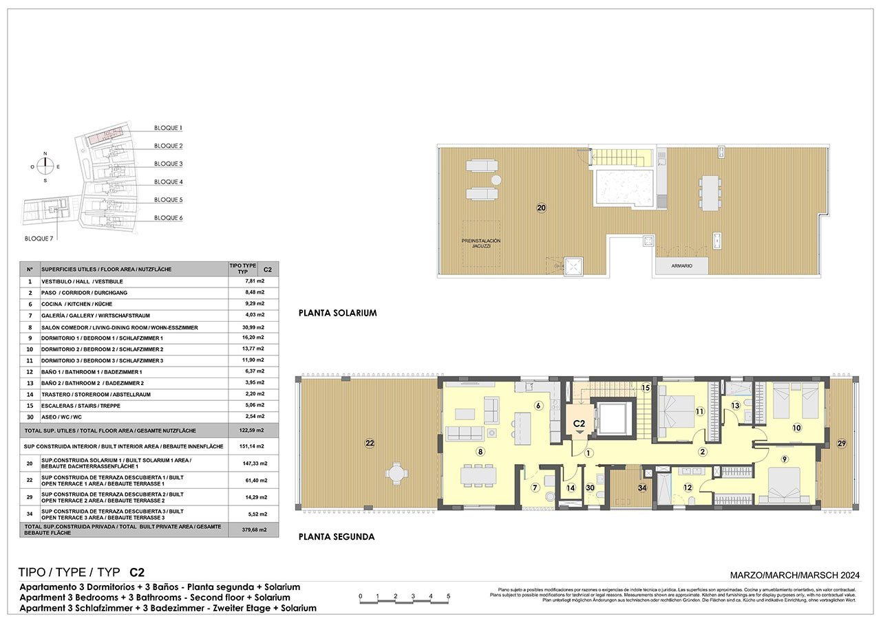 Penthouse-Wohnungen mit 3 Schlafzimmern, Dachterrasse, Fußbodenheizung in Bädern, Klimaanlage und Gemeinschaftspool nur 300 m vom Strand