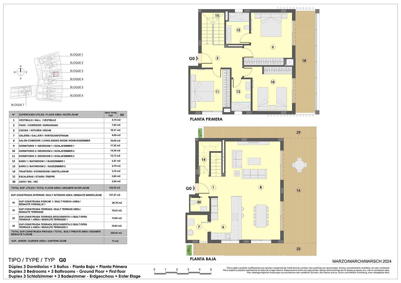 Maisonette-Wohnungen mit 3 Schlafzimmern, 2 Bädern, Gäste-WC, Fußbodenheizung in Bädern, Klimaanlage und Gemeinschaftspool nur 300 m vom Strand