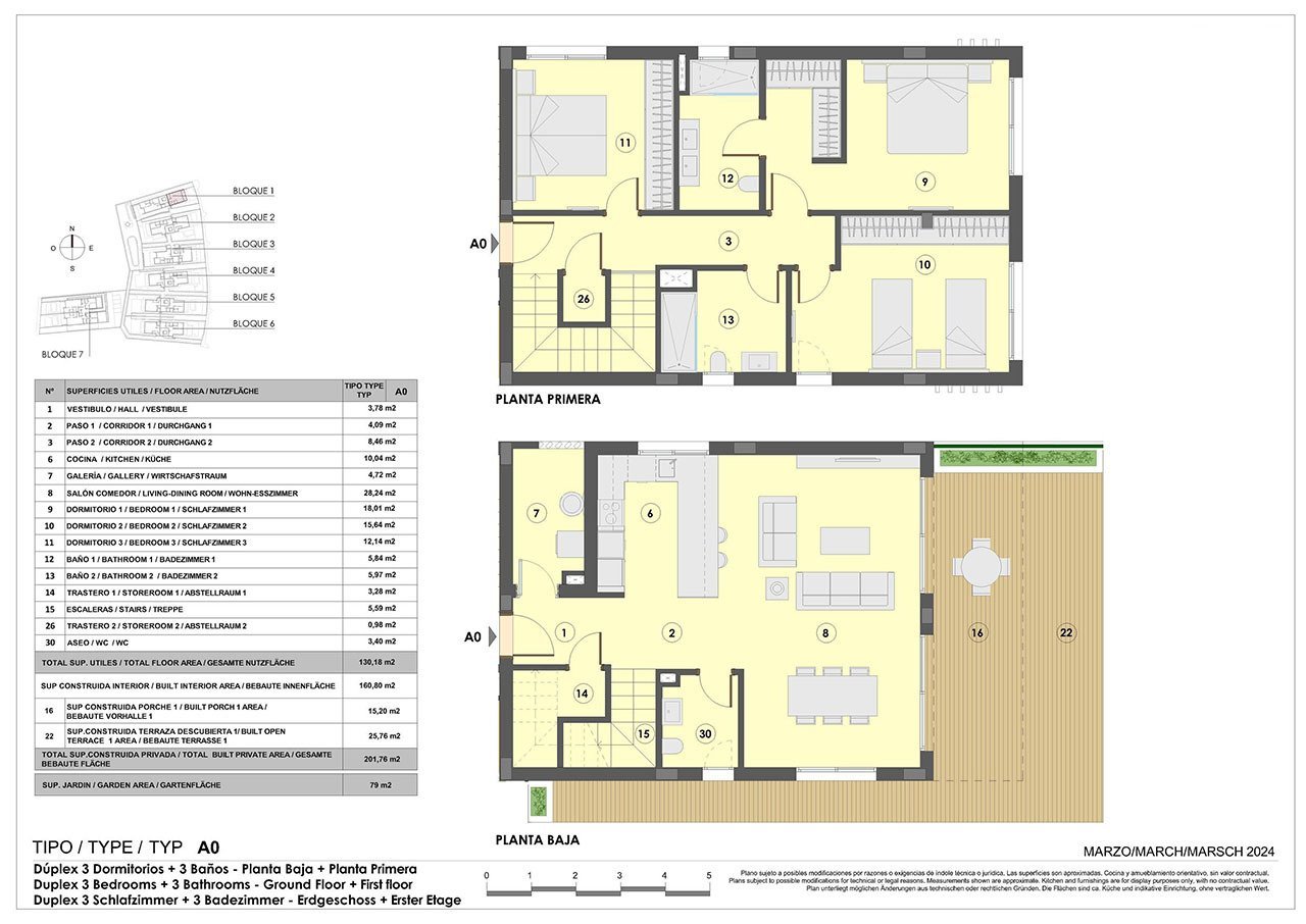 Maisonette-Wohnungen mit 3 Schlafzimmern, 2 Bädern, Gäste-WC, Fußbodenheizung in Bädern, Klimaanlage und Gemeinschaftspool nur 300 m vom Strand