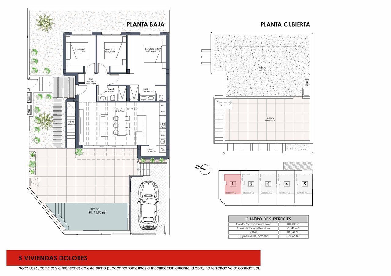 Wunderschöne eingeschossige Villen mit 3 Schlafzimmern, 2 Bädern, Dachterrasse, Privatpool und Kfz-Stellplatz