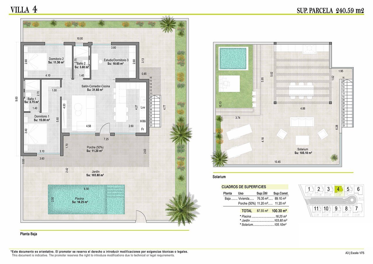 Villen mit 3 Schlafzimmern, 2 Bädern, Dachterrasse, Vorinstallation Klimaanlage, Fußbodenheizung in Bädern und Privatpool in einer Golfanlage