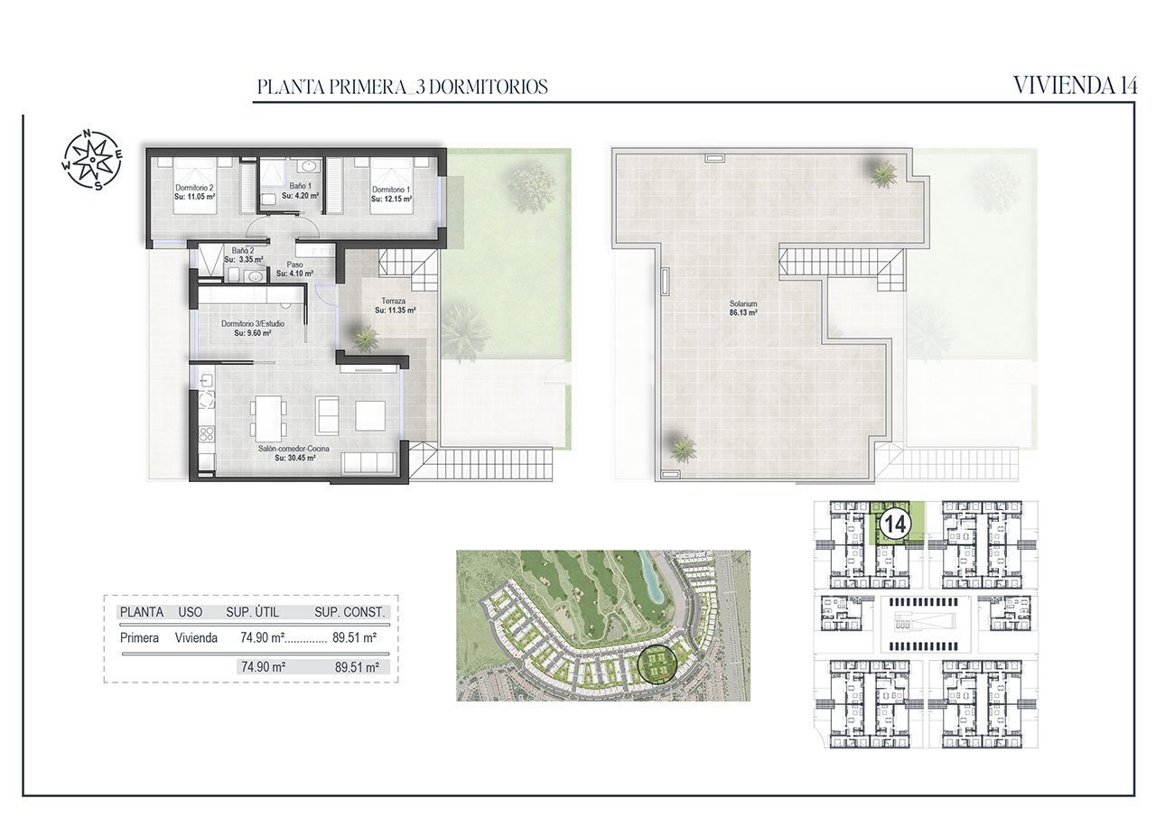 Obergeschoss-Wohnungen mit 3 Schlafzimmern, 2 Bädern, Dachterrasse und Gemeinschaftspool in sehr schönem Golf-Resort