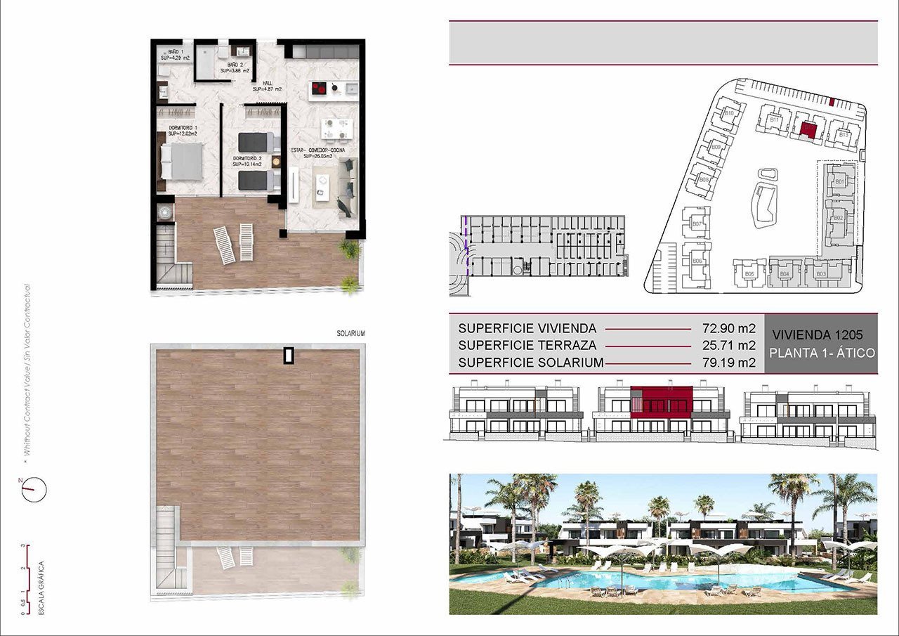Obergeschoss-Wohnungen mit 2 Schlafzimmern, 2 Bädern, Dachterrasse, Einbauküchen mit Elektrogeräten, Klimaanlage, Kfz-Stellplatz und Gemeinschaftspool