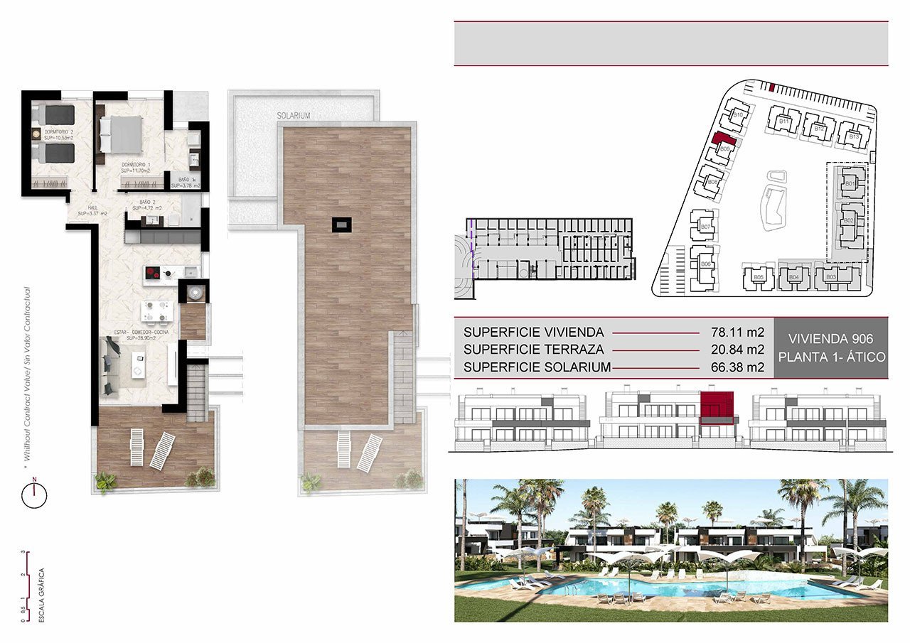 Obergeschoss-Wohnungen mit 2 Schlafzimmern, 2 Bädern, Dachterrasse, Einbauküchen mit Elektrogeräten, Klimaanlage, Kfz-Stellplatz und Gemeinschaftspool