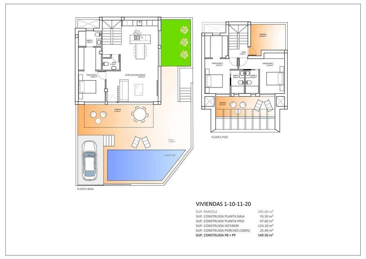 Großzügige Quattrohäuser mit 3 Schlafzimmern, 3 Bädern, Gäste-WC, Privatpool und Kfz-Stellplatz