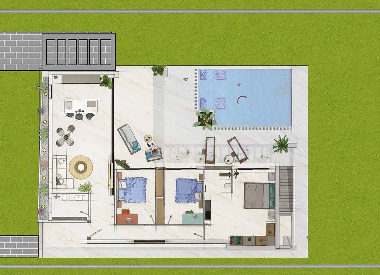 Villen mit 3 Schlafzimmern, 2 Bädern, Dachterrasse, Fußbodenheizung in Bädern und Privatpool in wunderschöner Golfanlage