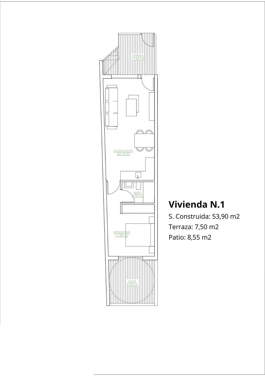 Erdgeschoss-Wohnungen mit 1 Schlafzimmer, 1 Bad und Gemeinschaftspool