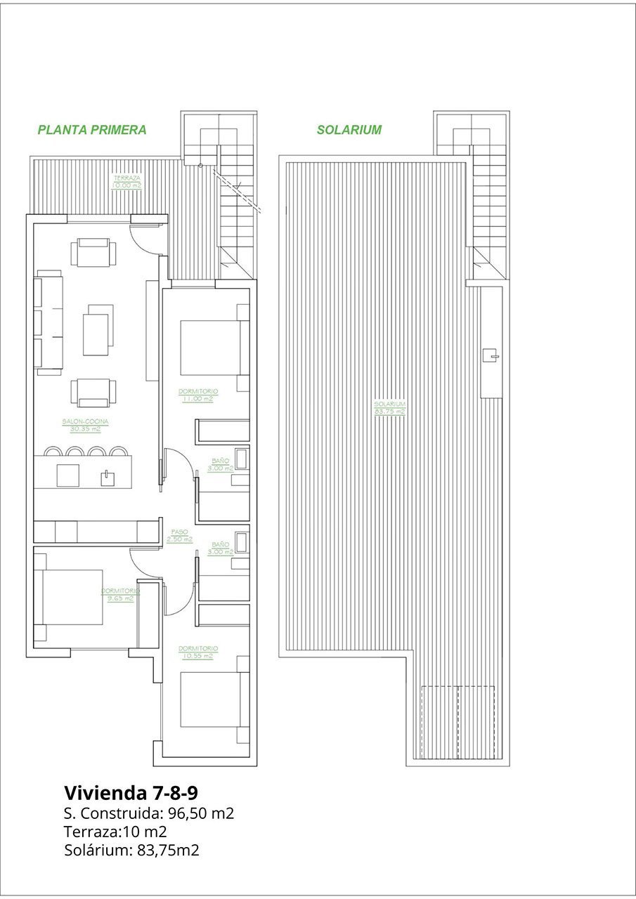Obergeschoss-Wohnungen mit 3 Schlafzimmern, 2 Bädern, Dachterrasse und Gemeinschaftspool