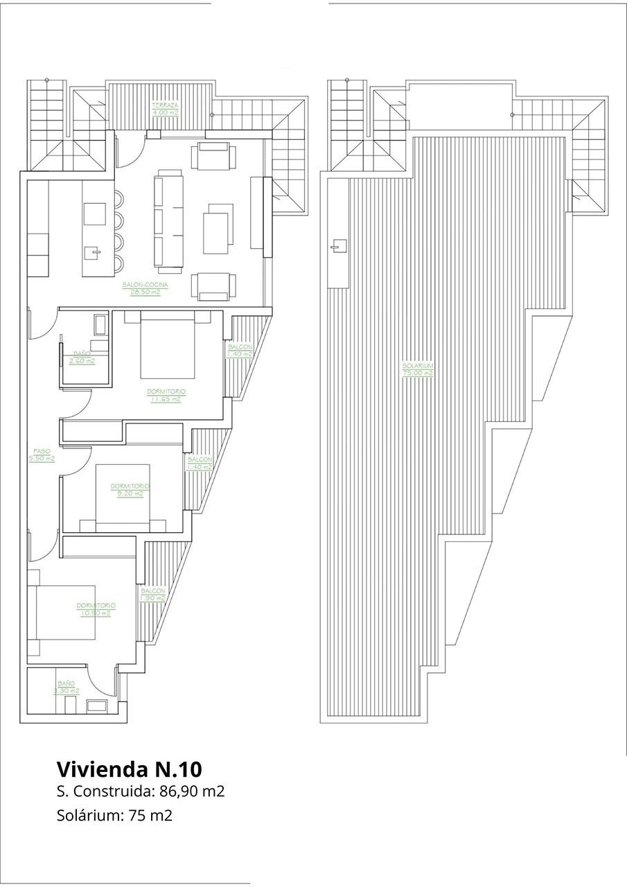 Obergeschoss-Wohnungen mit 3 Schlafzimmern, 2 Bädern, Dachterrasse und Gemeinschaftspool