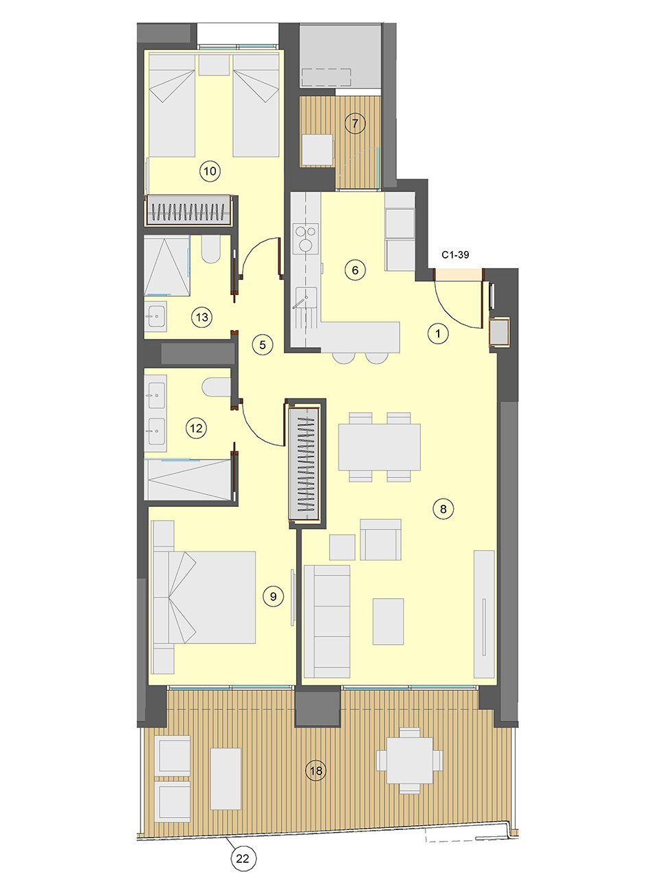 Wohnungen mit 2 Schlafzimmern, 2 Bädern, Klimaanlage, Fußbodenheizung in Bädern, Kfz-Stellplatz und Meerblick nur 100 m vom Strand