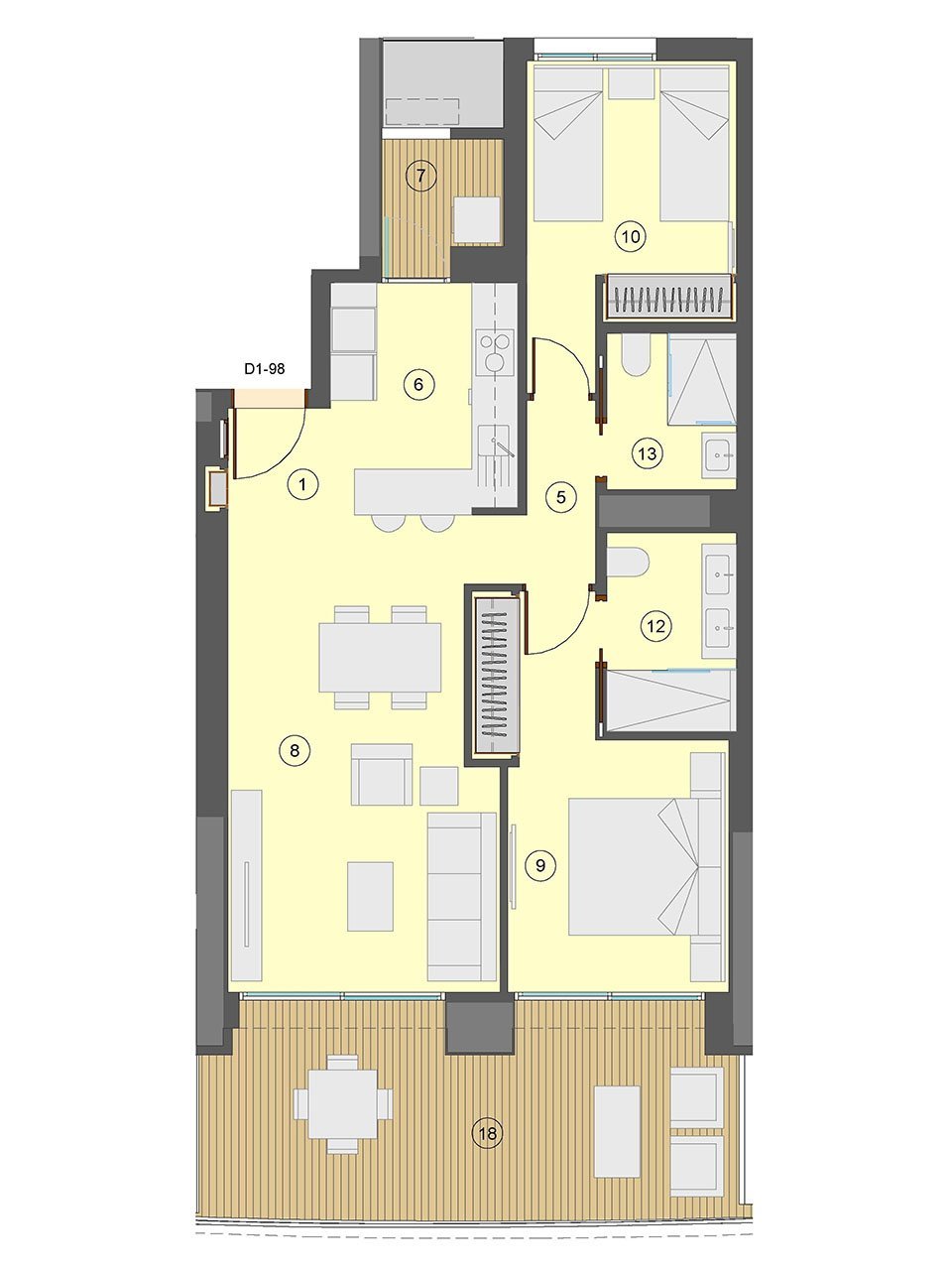 Wohnungen mit 2 Schlafzimmern, 2 Bädern, Klimaanlage, Fußbodenheizung in Bädern, Kfz-Stellplatz und Meerblick nur 100 m vom Strand