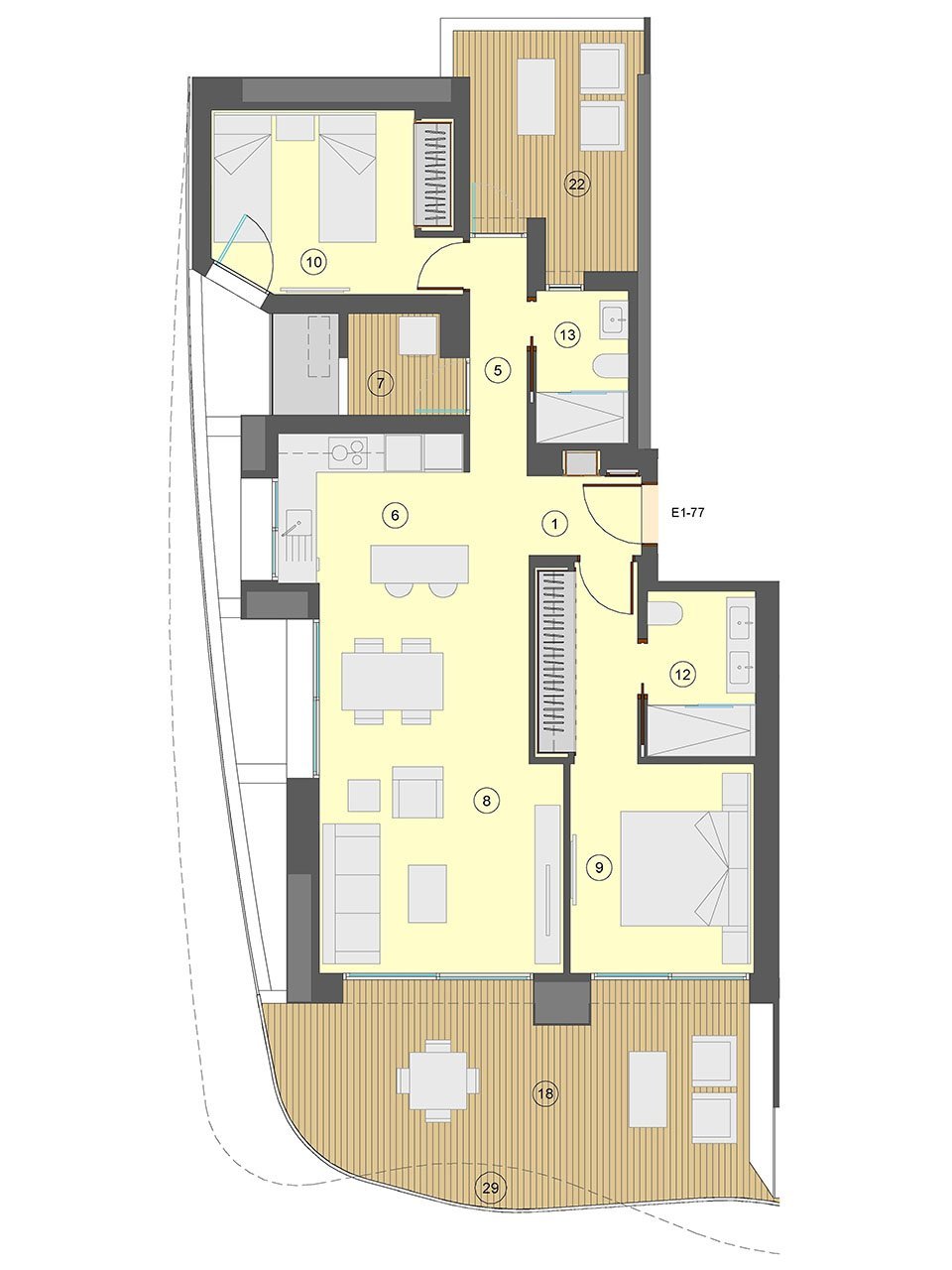 Wohnungen mit 2 Schlafzimmern, 2 Bädern, Klimaanlage, Fußbodenheizung in Bädern, Kfz-Stellplatz und Meerblick nur 100 m vom Strand