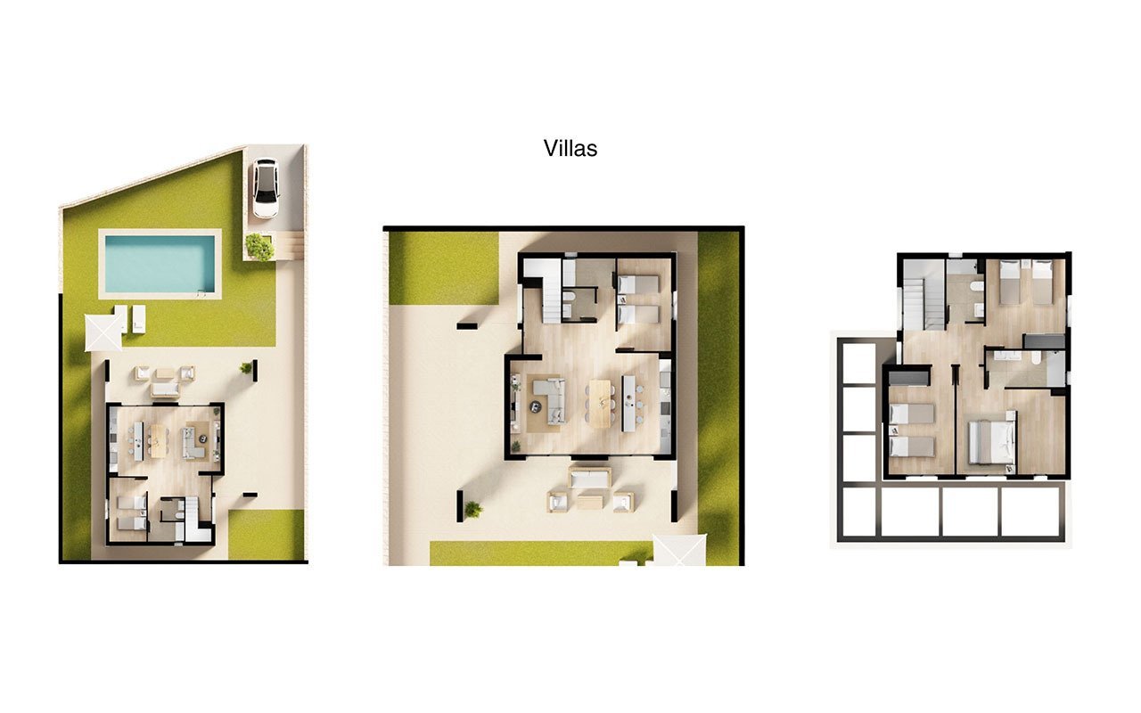 Villen mit 4 Schlafzimmern, 2 Bädern, Gäste-WC und zum Teil auch mit Meerblick in wunderschöner Anlage nur 5 km vom Strand