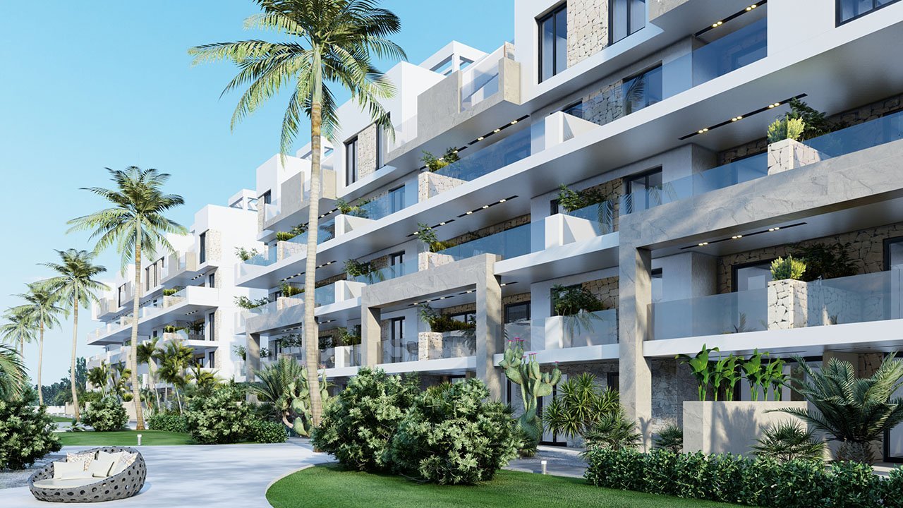 Appartements mit 2 Schlafzimmern, 2 Bädern, Klimaanlage, Einbauküchen mit Elektrogeräten, Tiefgaragenstellplatz, Gemeinschaftspool und Spa
