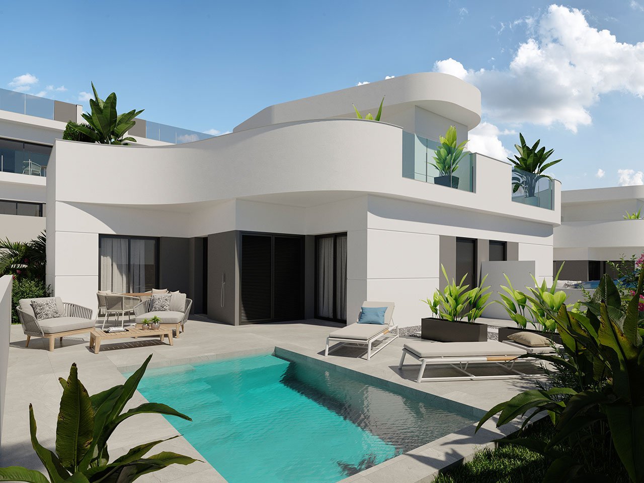 Torrevieja: Charmante Doppelhaushälften in abgeschlossener Anlage mit 3 Schlafzimmern, 2 Bädern, Dachterrasse und Privatpool  Torrevieja: Charmante Doppelhaushälften in abgeschlossener Anlage mit 3 Schlafzimmern, 2 Bädern, Dachterrasse und Privatpool