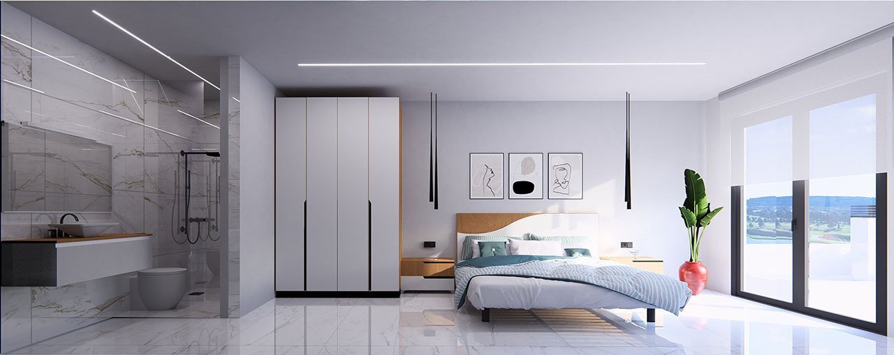 Obergeschoss-Wohnungen mit 2 Schlafzimmern, 2 Bädern, Dachterrasse, Kfz-Stellplatz und Gemeinschaftspool in wunderschöner Golfanlage