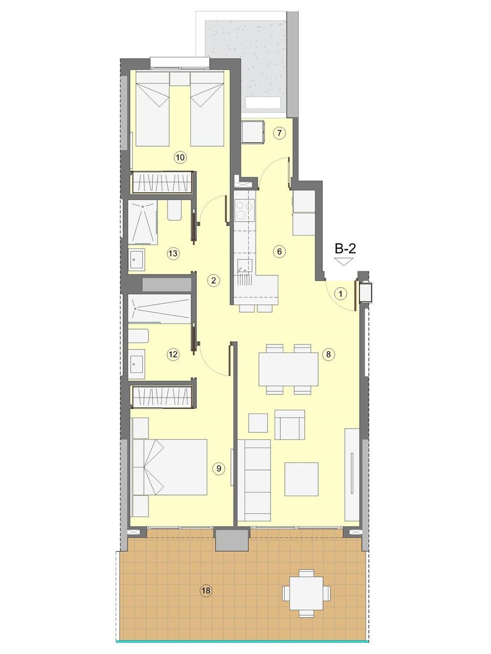 Wohnungen mit 2 Schlafzimmern, 2 Bädern, Klimaanlage, Fußbodenheizung in Bädern, Kfz-Stellplatz und Meerblick nur 1 km vom Strand