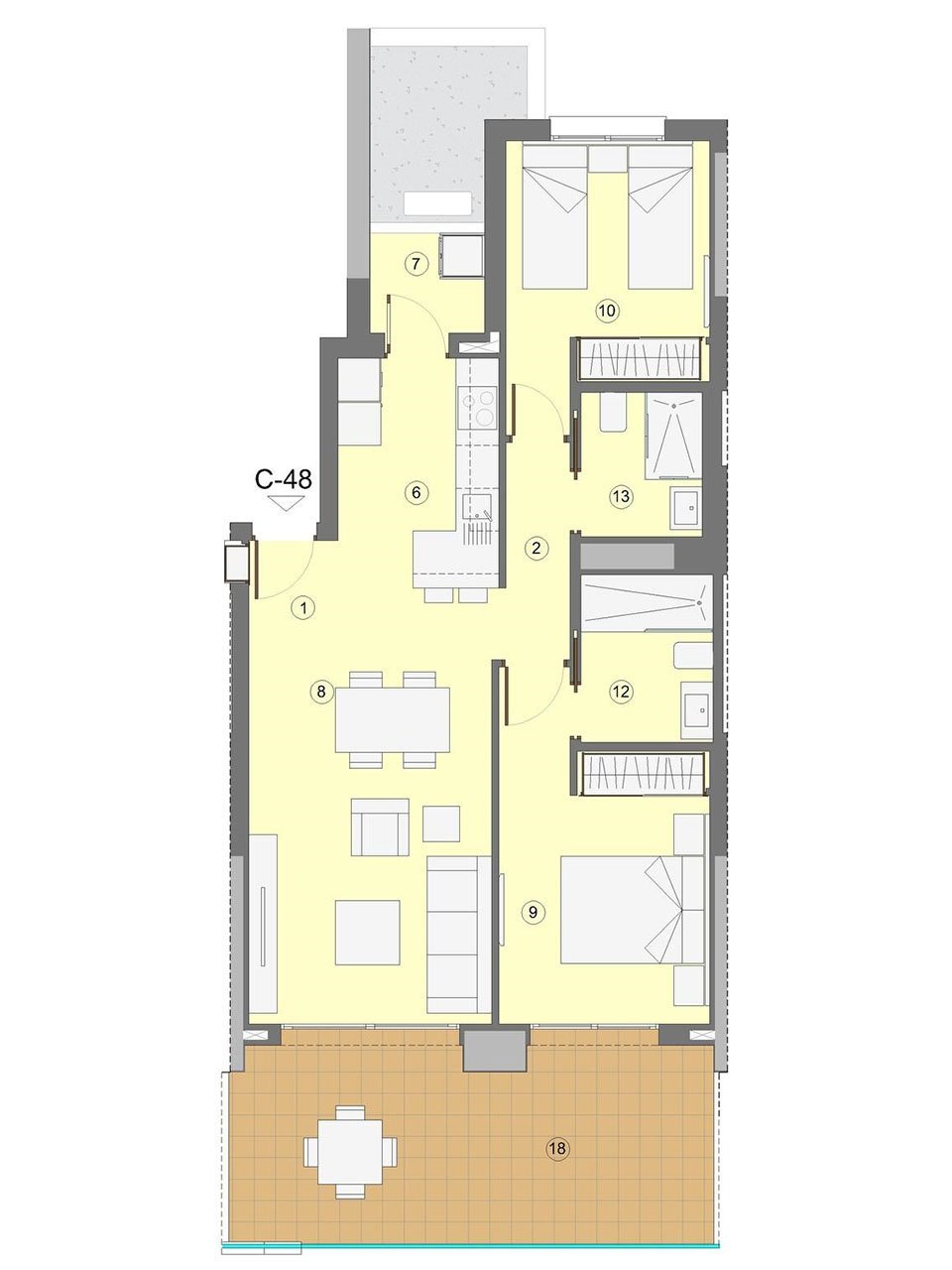 Wohnungen mit 2 Schlafzimmern, 2 Bädern, Klimaanlage, Fußbodenheizung in Bädern, Kfz-Stellplatz und Meerblick nur 1 km vom Strand