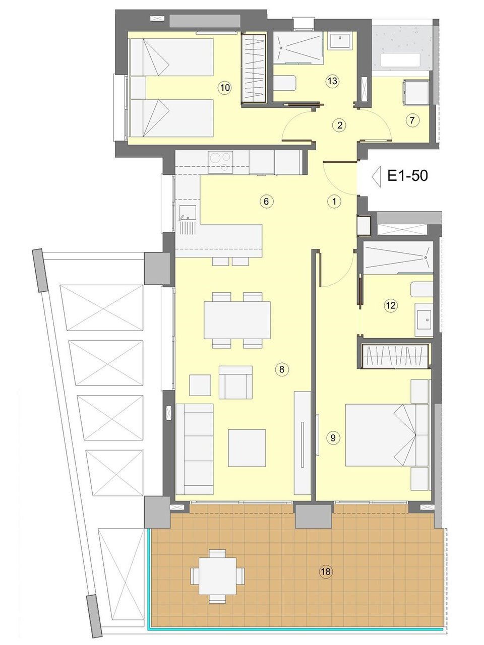 Wohnungen mit 2 Schlafzimmern, 2 Bädern, Klimaanlage, Fußbodenheizung in Bädern, Kfz-Stellplatz und Meerblick nur 1 km vom Strand