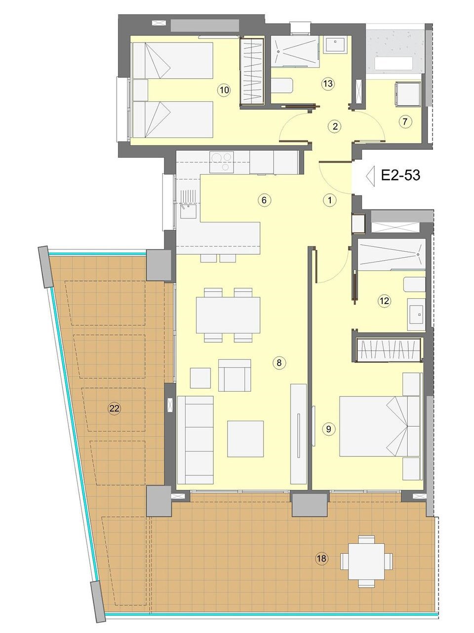 Wohnungen mit 2 Schlafzimmern, 2 Bädern, Klimaanlage, Fußbodenheizung in Bädern, Kfz-Stellplatz und Meerblick nur 1 km vom Strand