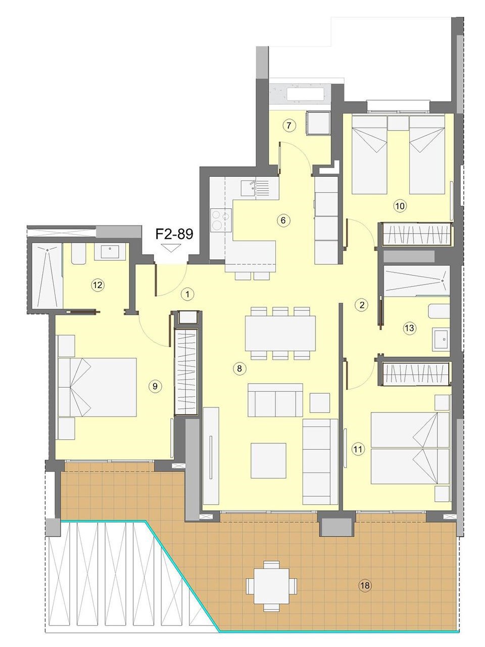 Wohnungen mit 3 Schlafzimmern, 2 Bädern, Klimaanlage, Fußbodenheizung in Bädern, Kfz-Stellplatz und Meerblick nur 1 km vom Strand