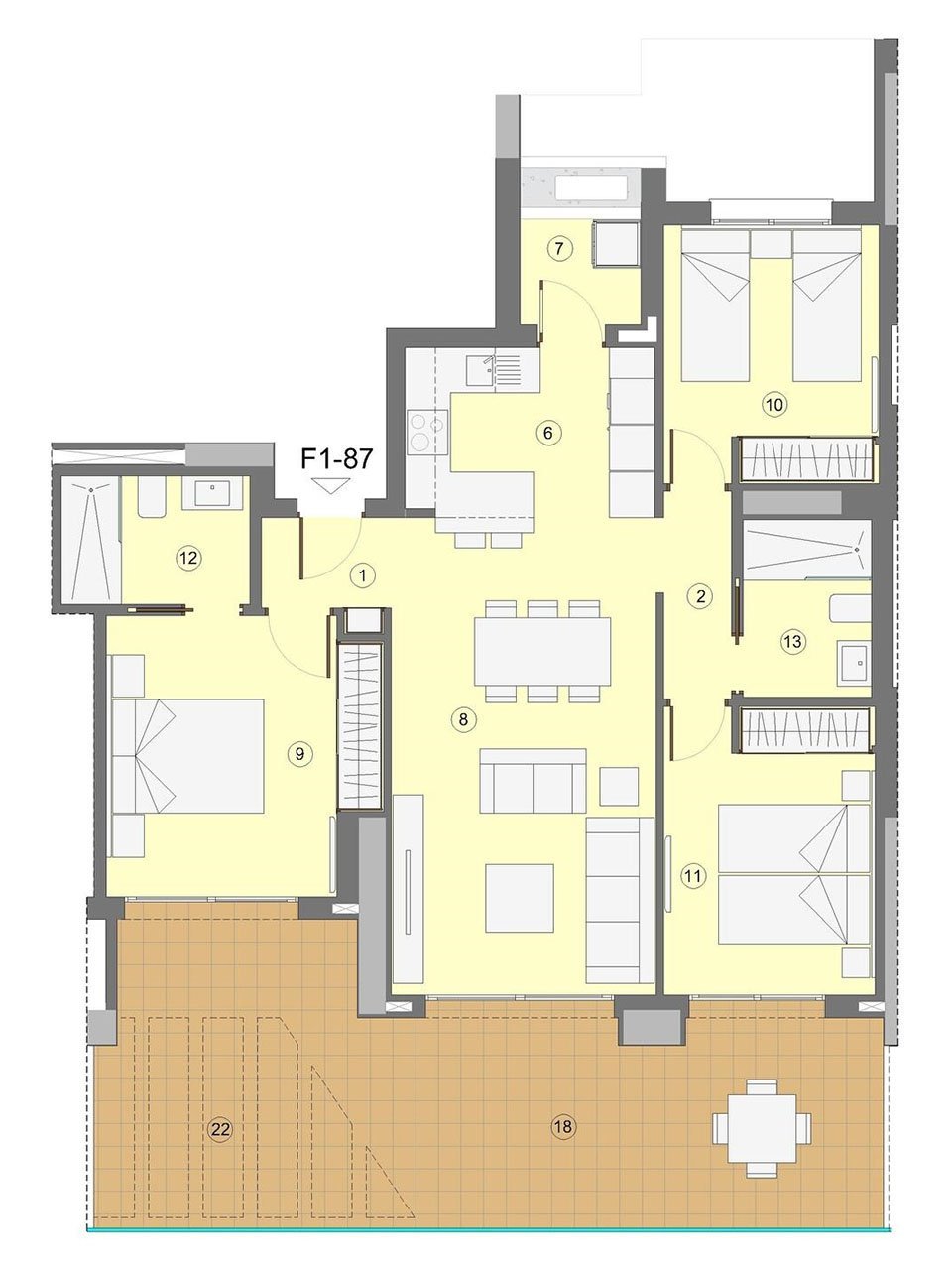 Wohnungen mit 3 Schlafzimmern, 2 Bädern, Klimaanlage, Fußbodenheizung in Bädern, Kfz-Stellplatz und Meerblick nur 1 km vom Strand