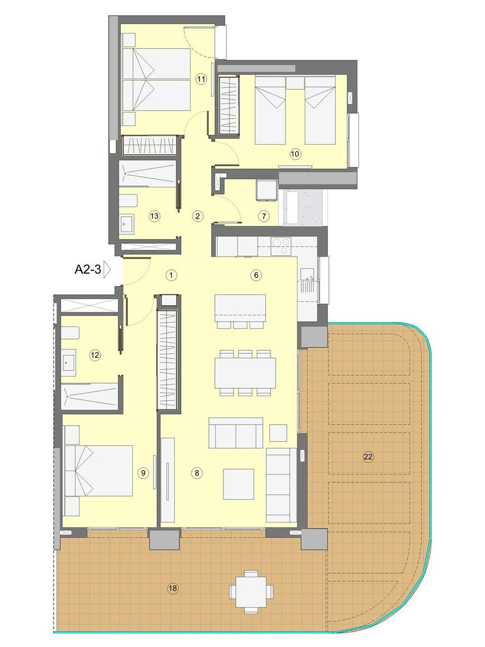 Wohnungen mit 3 Schlafzimmern, 2 Bädern, Klimaanlage, Fußbodenheizung in Bädern, Kfz-Stellplatz und Meerblick nur 1 km vom Strand