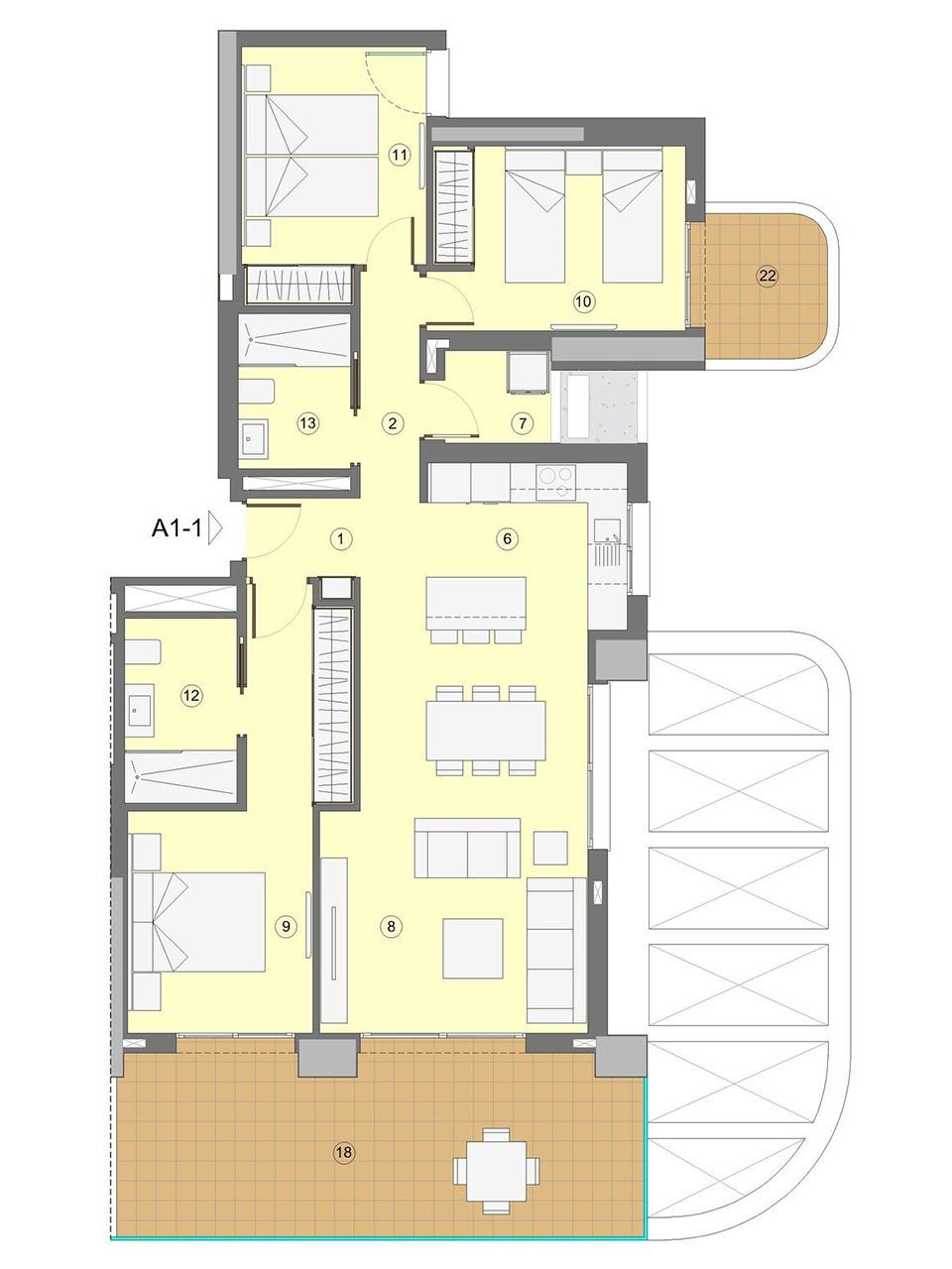 Wohnungen mit 3 Schlafzimmern, 2 Bädern, Klimaanlage, Fußbodenheizung in Bädern, Kfz-Stellplatz und Meerblick nur 1 km vom Strand