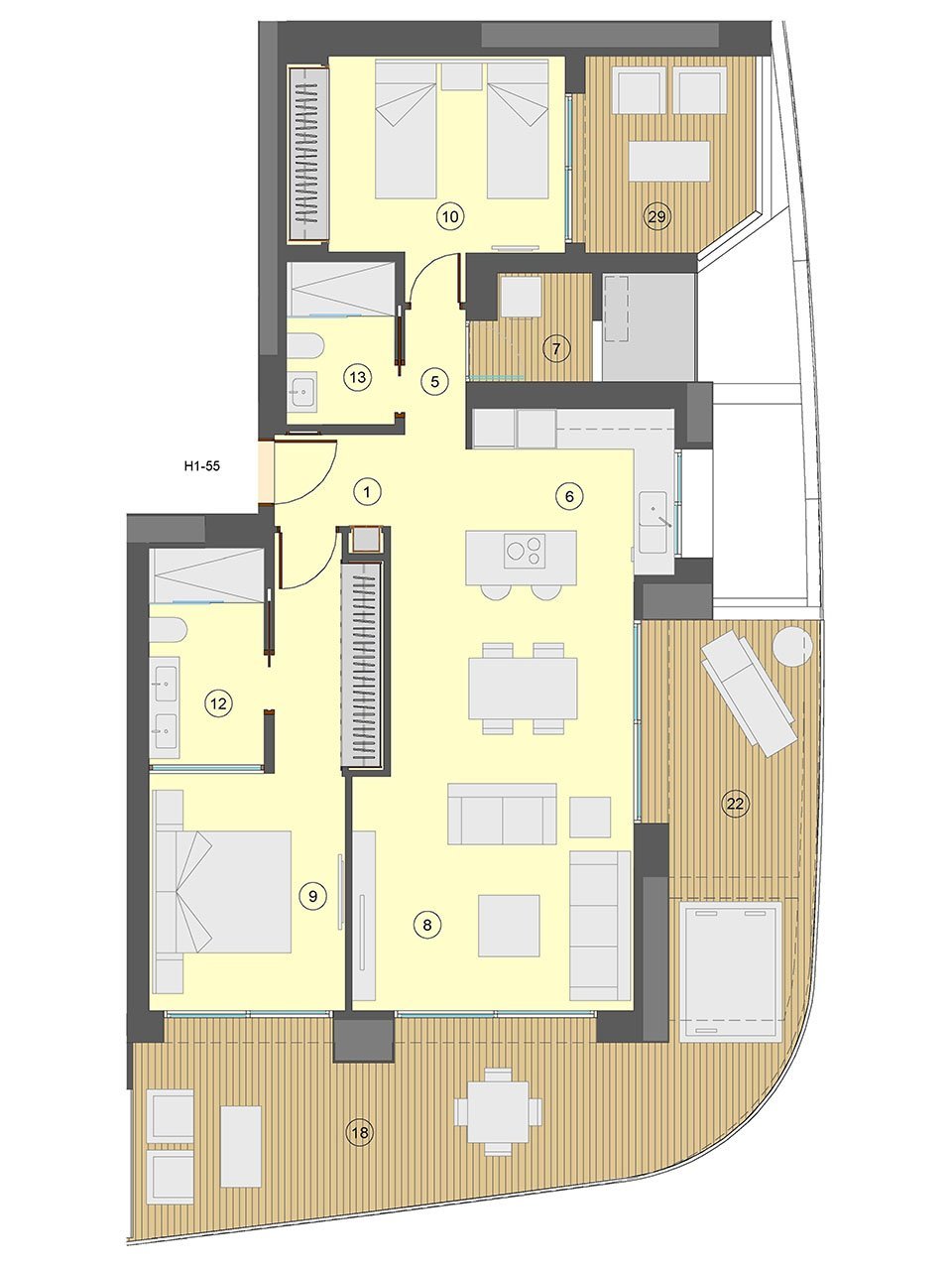 Wohnungen mit 2 Schlafzimmern, 2 Bädern, Klimaanlage, Fußbodenheizung in Bädern, Kfz-Stellplatz und Meerblick nur 100 m vom Strand