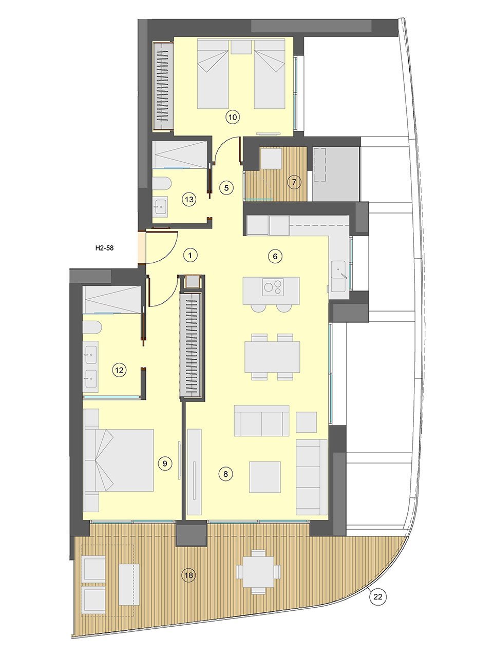 Wohnungen mit 2 Schlafzimmern, 2 Bädern, Klimaanlage, Fußbodenheizung in Bädern, Kfz-Stellplatz und Meerblick nur 100 m vom Strand
