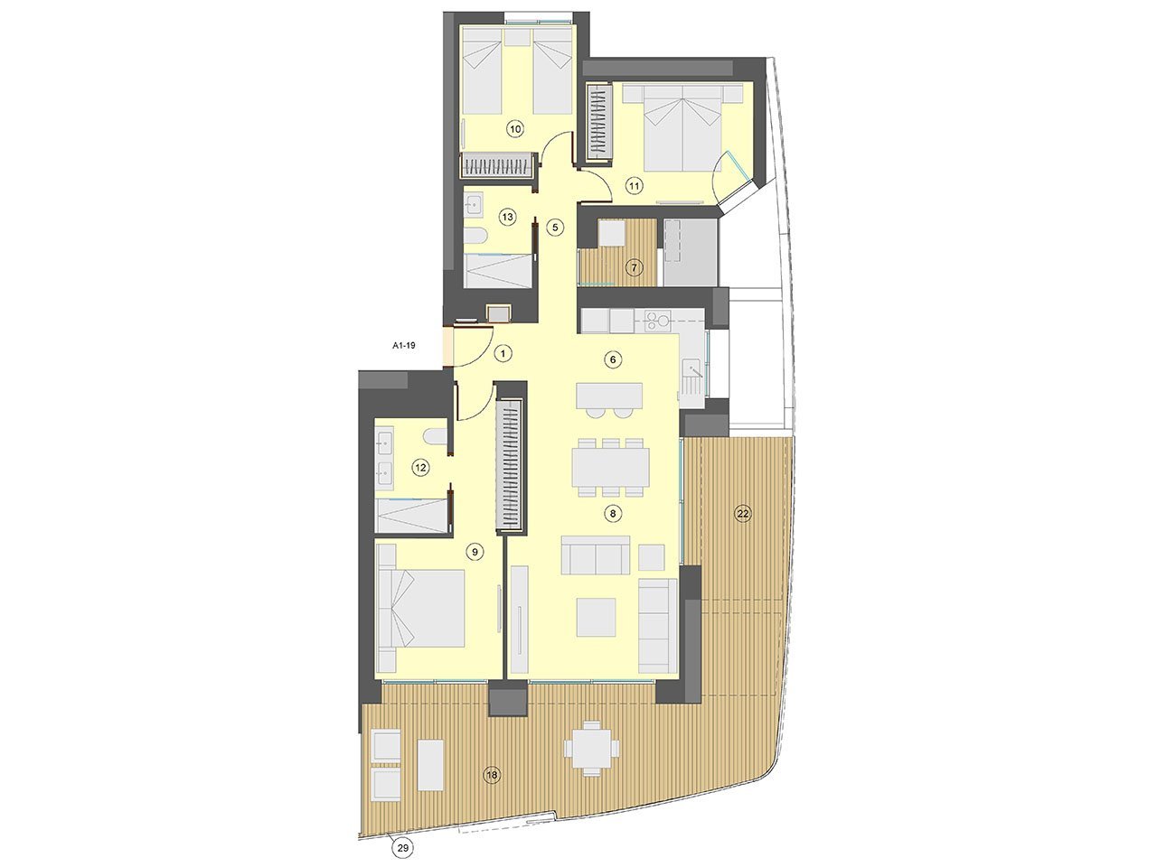Wohnungen mit 3 Schlafzimmern, 2 Bädern, Klimaanlage, Fußbodenheizung in Bädern, Kfz-Stellplatz und Meerblick nur 100 m vom Strand