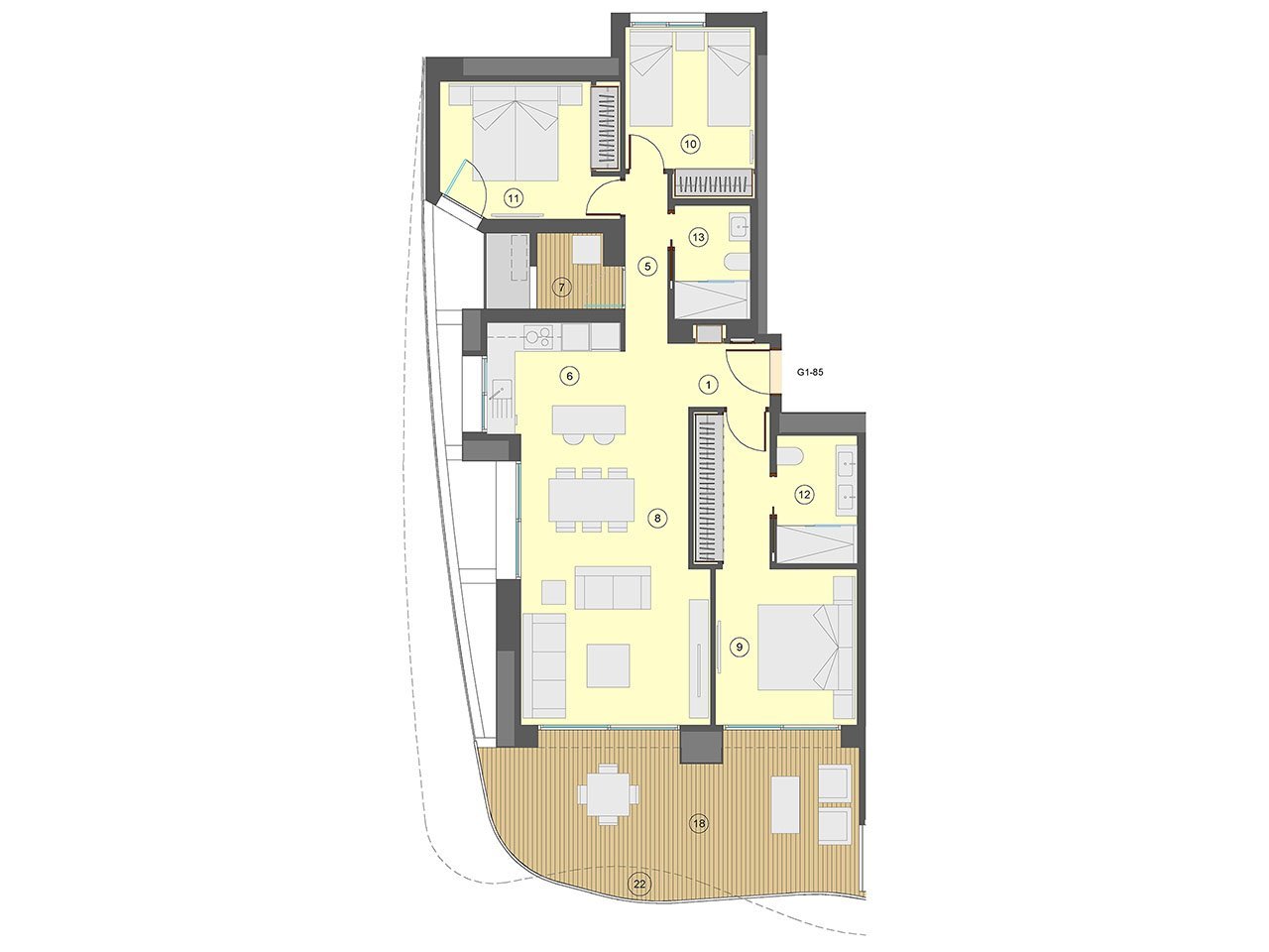 Wohnungen mit 3 Schlafzimmern, 2 Bädern, Klimaanlage, Fußbodenheizung in Bädern, Kfz-Stellplatz und Meerblick nur 100 m vom Strand